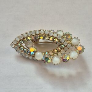 Vintage moonstone and AB rhinestone brooch